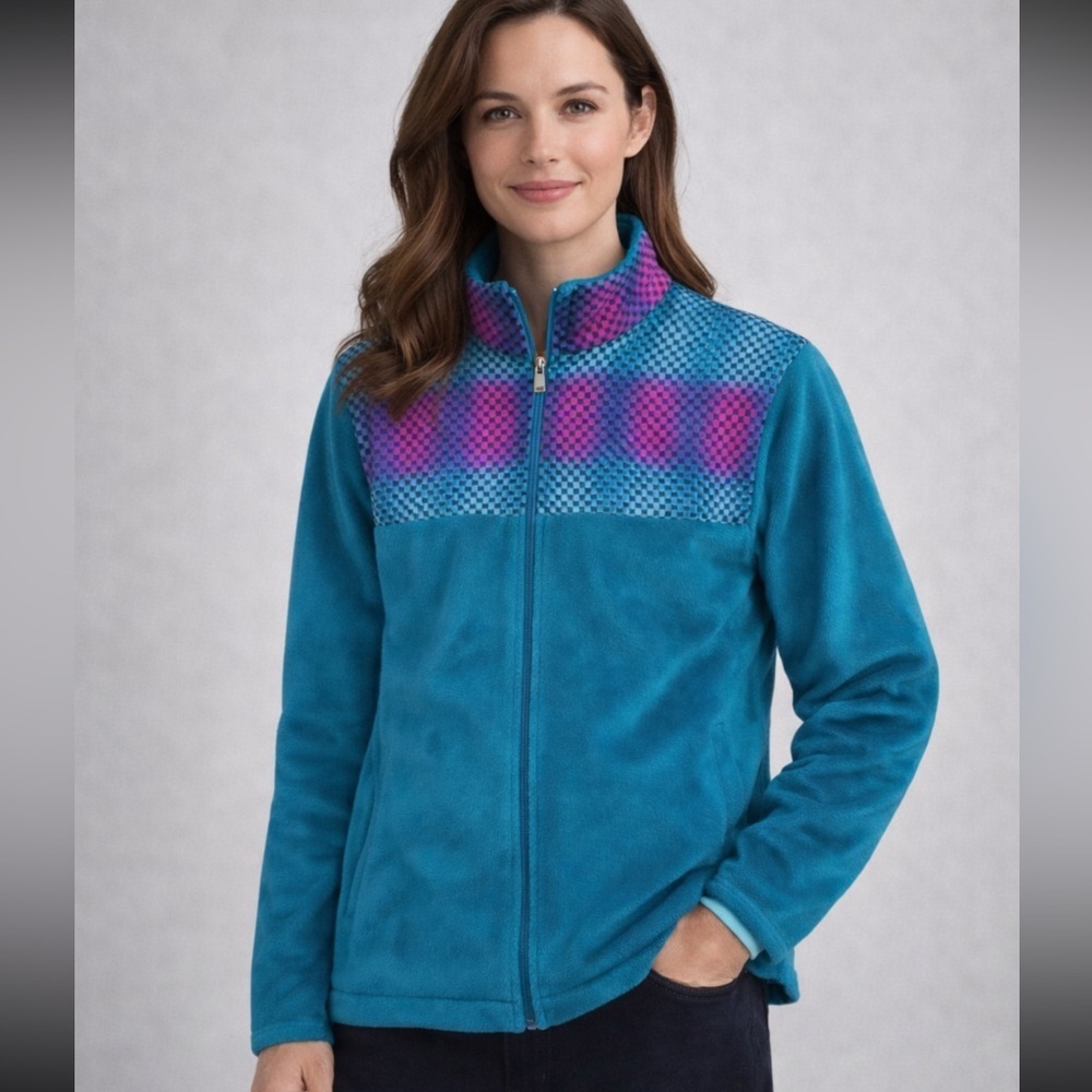 Fila Athleisure Green Teal Geometric Fleece Fur Full Zip Collared Jacket Size L